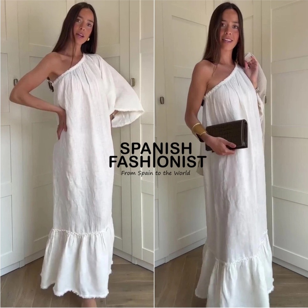 Zara White One-Shoulder 100% linen Midi Dress